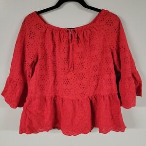 JOHN MARK Red Eyelet Peplum Blouse Bell Sleeve Boho Off Shoulder Top M